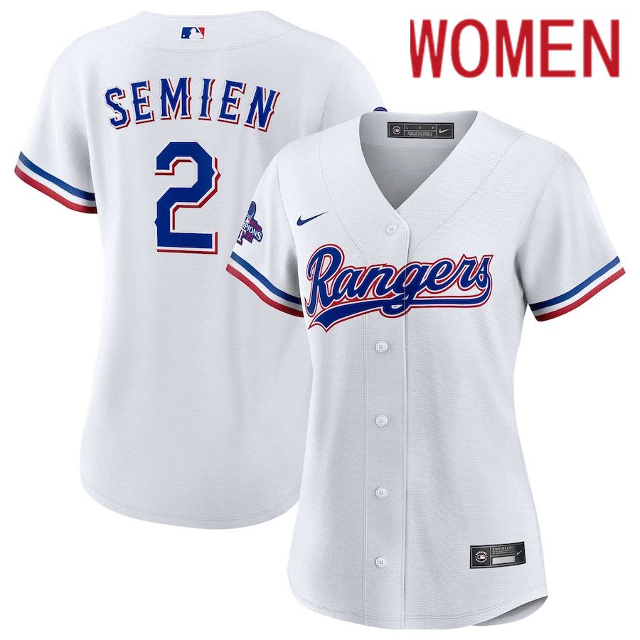 Women Texas Rangers 2 Marcus Semien Nike White Home 2023 World Series Champions Replica Player MLB Jersey